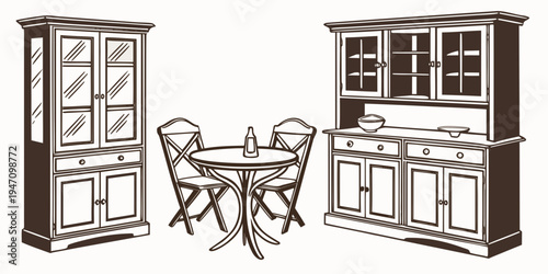 A vintage dining set with a hutch and sideboard in a classic black and white illustration