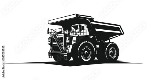 A large black dump truck is depicted in a stark graphic style casting a long shadow silhouette