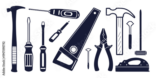 Assorted tools and equipment for various construction and repair tasks