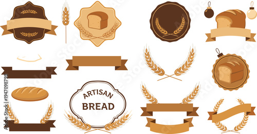 Artisan bread bakery badges and labels set with wheat wreaths, ribbon banners and rustic bread logo elements vector illustration