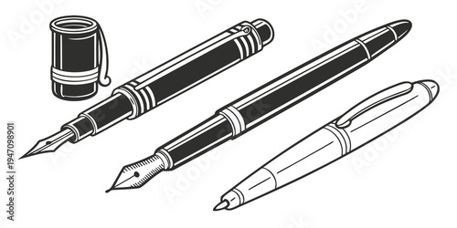 A collection of elegant fountain pens and an inkwell displayed on a white background