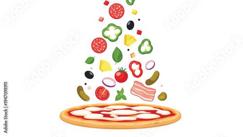 Pizza crust with fresh ingredients like pepperoni peppers and tomatoes falling through the air for preparation.