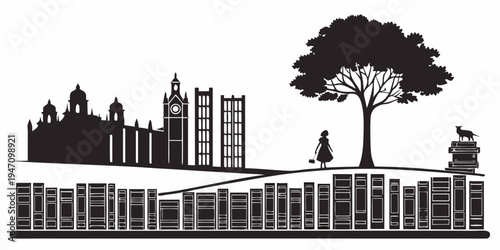 A serene cityscape with a prominent tree and diverse architectural structures