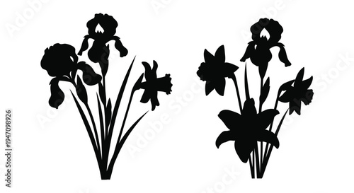 Elegant floral arrangement featuring irises and daffodils silhouette