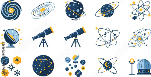 Astronomy and space science icon set with telescopes, planets, galaxies, atom models, constellation stars and observatory research vector illustration