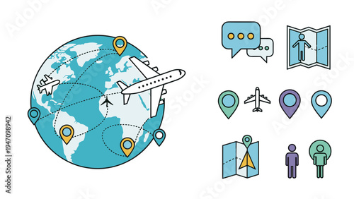 Travel concept with an airplane flying around the globe surrounded by various colorful navigation and map icons.