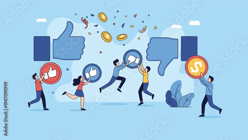 Team of people interacting with social media like and dislike icons along with golden dollar coins representing engagement and monetization.