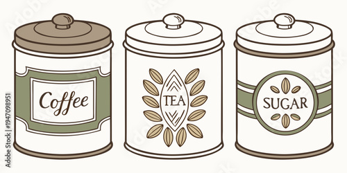 Three vintage jars labeled coffee, tea, and sugar on a wooden shelf.