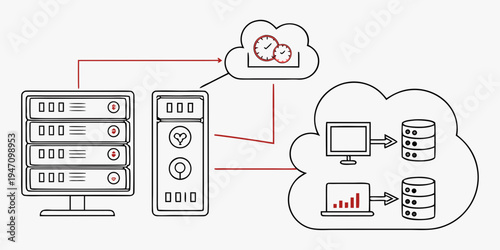 Illustration of a server transferring data to a cloud database for analysis
