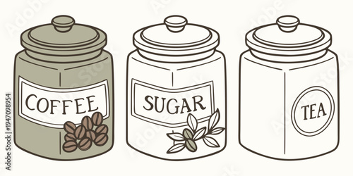 Three vintage jars filled with coffee, sugar, and tea on a kitchen counter.