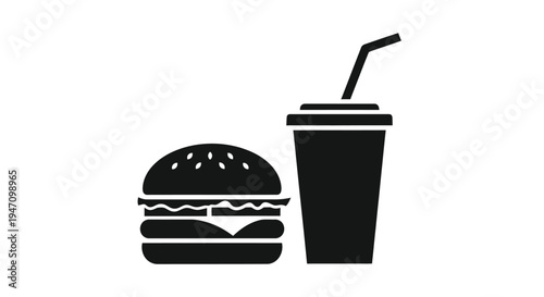 Fast food meal including a burger and soda black silhouette