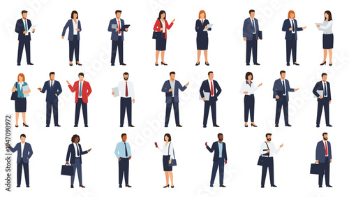 Diverse group of business professionals standing in formal office attire against a clean and minimalist white background.