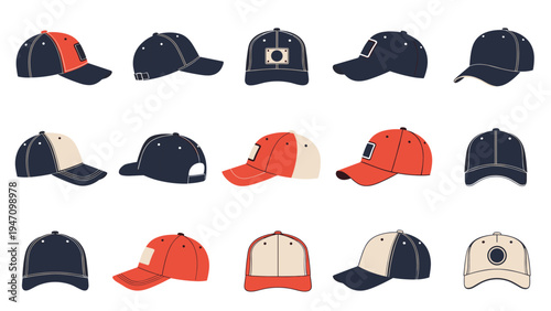 Large grid of various baseball caps and trucker hats in different styles and colors against a white background.
