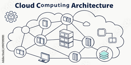 Illustration of the complex structure and components of cloud computing architecture.