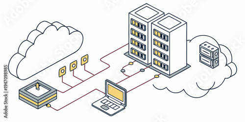 Illustration of a network with servers, a laptop, and cloud storage.