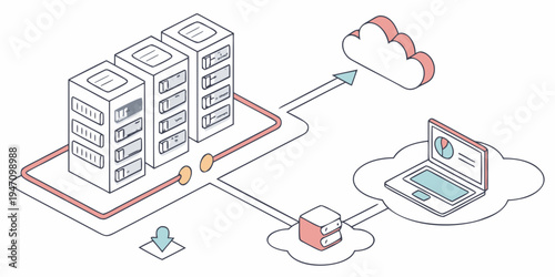 Illustration of cloud computing and data storage systems connected through networks