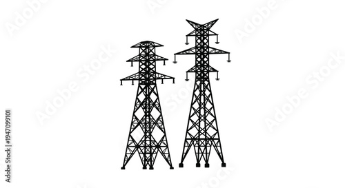 Three black power transmission towers against a white backdrop silhouette