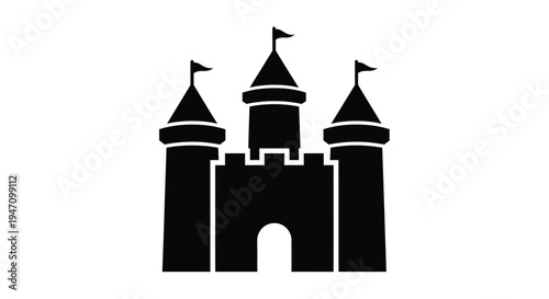 Black castle with multiple towers and a prominent gateway silhouette