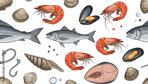 Seamless pattern background featuring various fresh seafood items like whole fish shrimp mussels and salmon steaks.