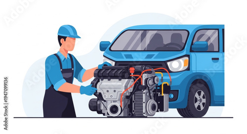Mechanic Working on Car Engine.
