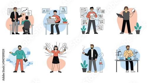 Collection of diverse professional workers in various roles including teachers office staff and lab scientists.