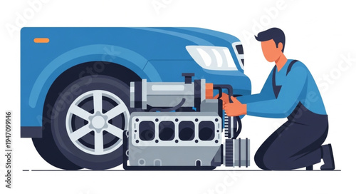 Mechanic Working on Car Engine.