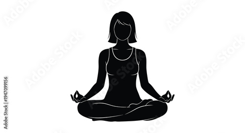 A serene woman is depicted in a lotus position meditating peacefully with a striking black silhouette high quality