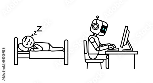 Stick figure person sleeping in bed while AI robot works on computer, symbolizing artificial intelligence automation and productivity, isolated white background.