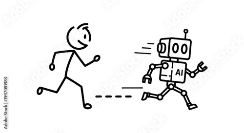 Stick figure person chasing AI robot, symbolizing human pursuit of artificial intelligence advancement, isolated white background.