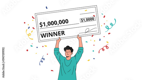 Cheerful man holding a giant lottery winning check for one million dollars with confetti falling around to celebrate a sudden life-changing fortune.