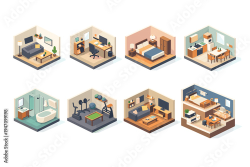 Isometric 3D House Interior Rooms.