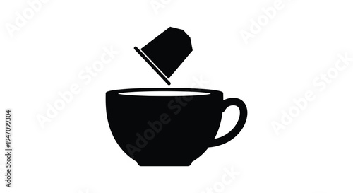 A black silhouette depicts a coffee capsule being poured into a cup representing a hot beverage silhouette
