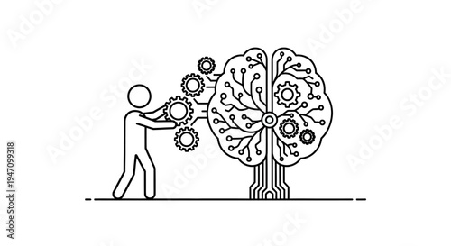 Stick figure man cultivating an artificial intelligence AI brain-tree with gears, representing thought and development on an isolated white background.