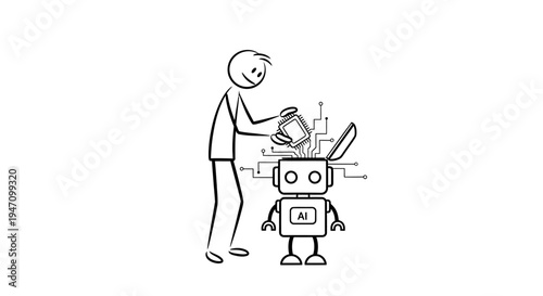 Stick Figure Person Pouring Liquid into an Open Robot Head Labeled 'AI' on Isolated White Background, Programming Artificial Intelligence