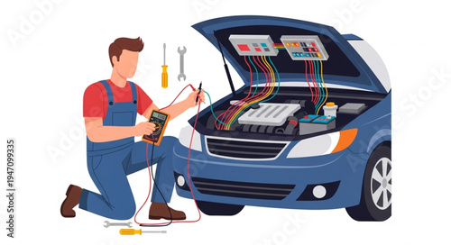 Mechanic working on car engine.