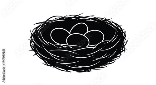A striking black and white illustration depicts a bird s nest containing several eggs rendered as a silhouette