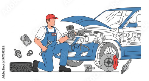 Mechanic Working on Car Engine.