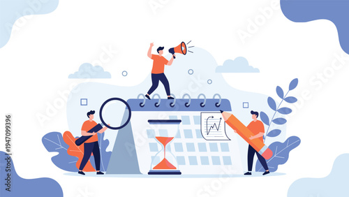 Team of small people working around a large calendar with a megaphone and hourglass to manage deadlines, schedule tasks, and track progress.