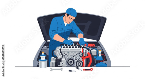 Mechanic Working on Car Engine.