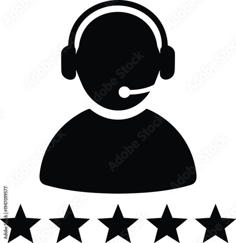 Customer service support representative agent icon with headset and five stars rating for excellent business feedback and client satisfaction.