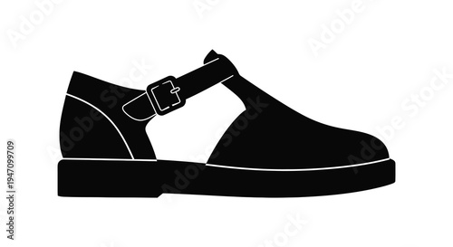 A sleek black mary jane shoe is displayed in a stark outline against a white background silhouette