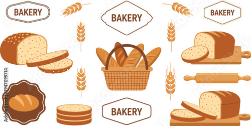 Bakery bread icons set with sliced loaf, wheat ears, bread basket, rolling pin and bakery labels vector illustration