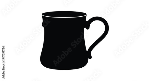 A simple black silhouette of a ceramic mug with a rounded shape and a prominent handle silhouette