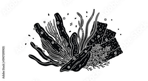 A striking black and white illustration depicts a desert landscape with cacti showcasing a dramatic silhouette high quality