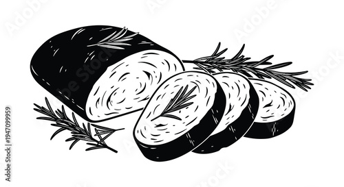 A striking black and white illustration depicts sliced meatloaf with rosemary sprigs showcasing a bold silhouette high quality