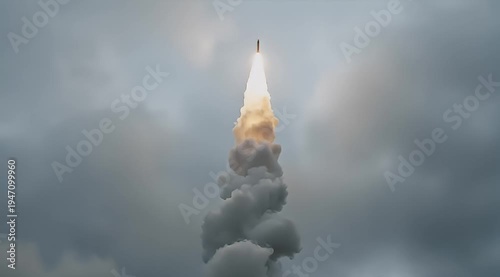 A rocket soars into the sky with a bright flame and smoke trail in a dramatic cloudy video.