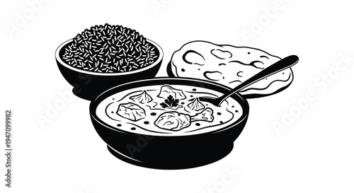A black and white illustration depicts a bowl of rice soup and flatbread with a spoon silhouette