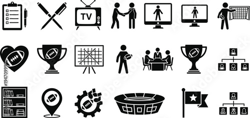 American football management and sports coaching icon set with stadium trophy tournament planning and team hierarchy silhouettes for athletic competition strategy design