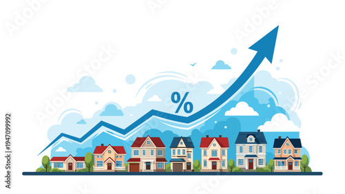 Row of suburban houses with a blue upward-trending arrow and a percent symbol representing increasing property values and real estate market growth.