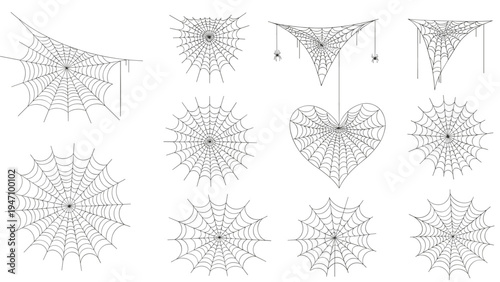 Selection of different spider web illustrations including a heart-shaped web and various circular patterns on a clean white background for design.
